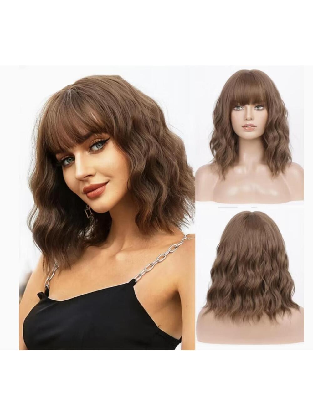 Dark Brown Wig Mixed Chestnut Short Wavy Hair 14in Natural with Bangs 8280